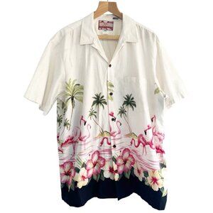 Vintage RJC Men Sz XL Hawaiian Tropical Off White Pink Flamingos Button Up Shirt